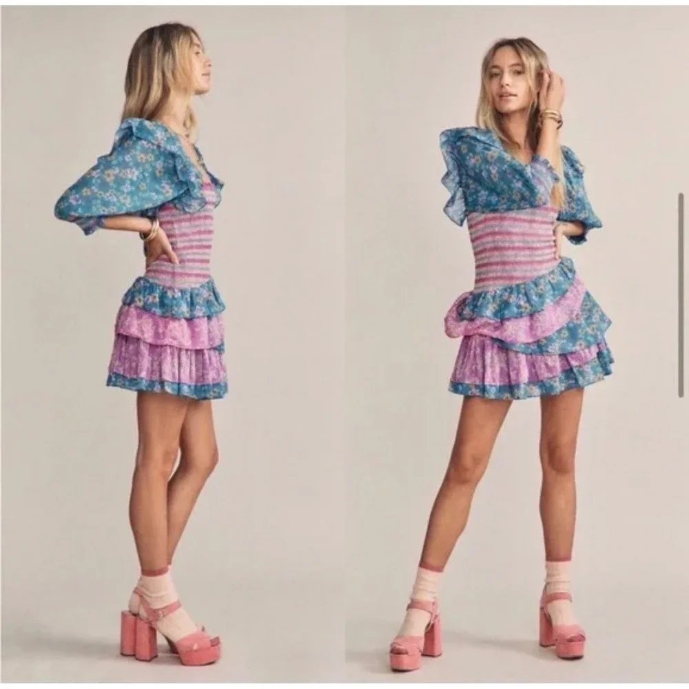 H1 Yvonne & Love Floral Smocked Tiered Ruffle Mini Dress Blue Purple Puff Sleeve